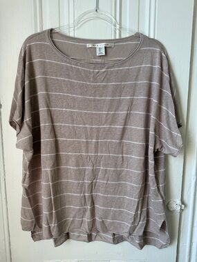 Taupe Striped Short Sleeve Relaxed Top | Max Studio